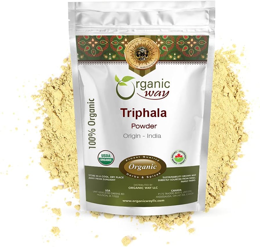 Organic Way Triphala Herbal Powder - Amla, Haritaki & Bibhitaki Formula | Kosher & USDA Certified | Non-GMO & Gluten Free | Tested for Heavy Metal and Purity | 100% Raw from India | 1/2 LBS (8 Oz)