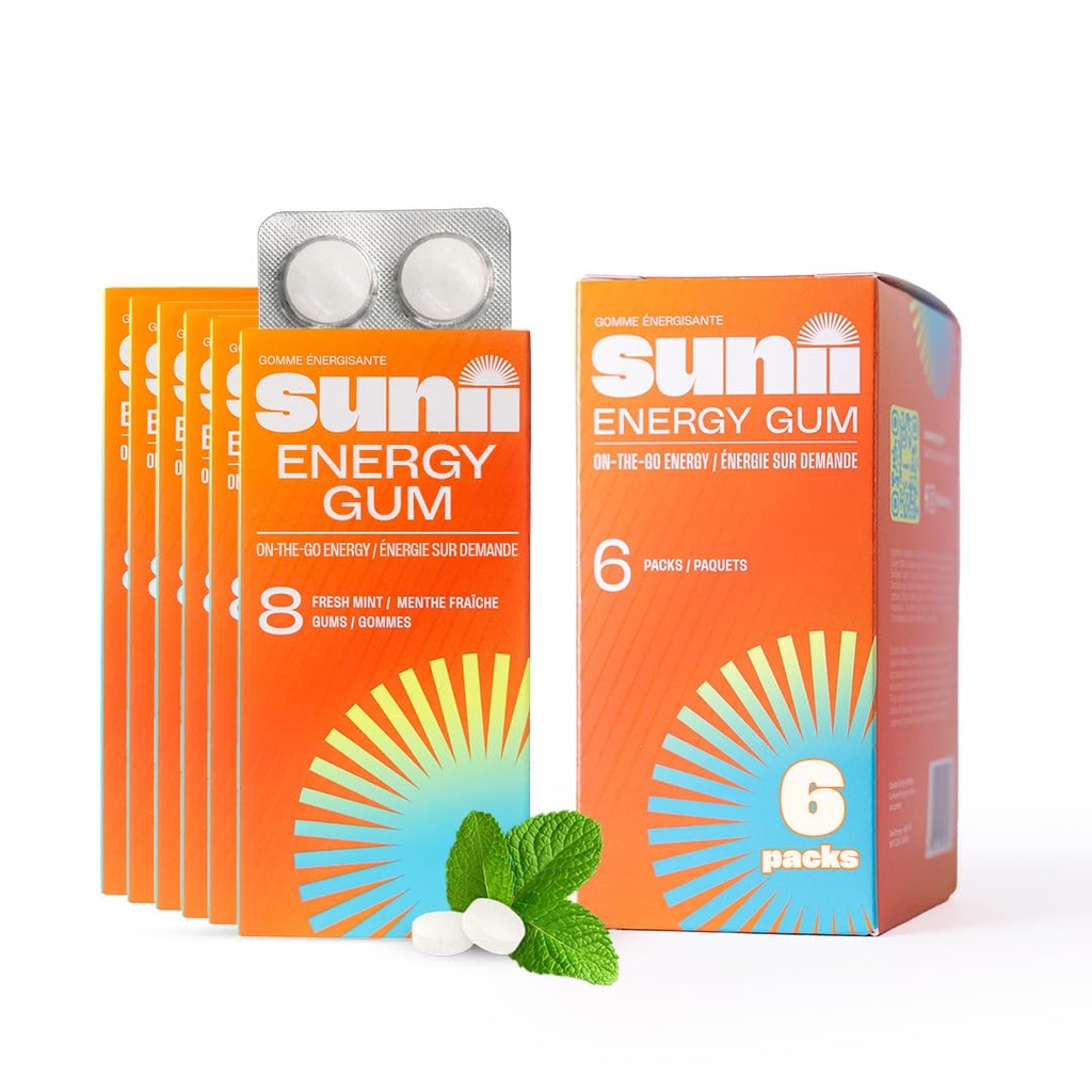 Sunii - Energy Gum - NEW Quick Boost Energy & Focus - 50mg Caffeine Gum - Βιταμίνες B6 & B12, Ταυρίνη, Vegan, Όχι Ζάχαρη, Μηδέν θερμίδες, Φρέσκια γεύση μέντας - Γρηγορότερα από μάσημα, ποτά, τζελ & χάπια (48pcs)