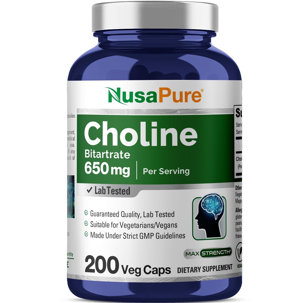 NusaPure Choline Bitartrate 650 mg 200 κάψουλες Veggie (Ζιζανιοκτόνα, μη ΓΤΟ, Vegan)