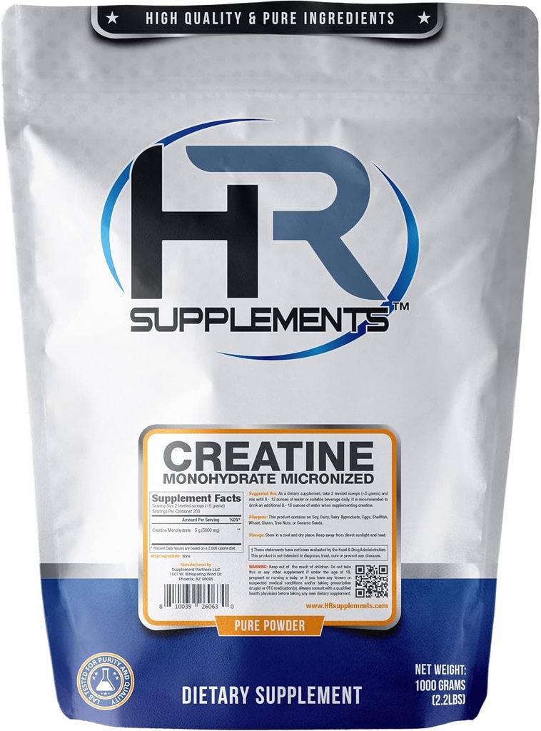 HR Supplements Creatine Monohydrate Micronized Powder, 1 Kilogram (2.2 Lbs)