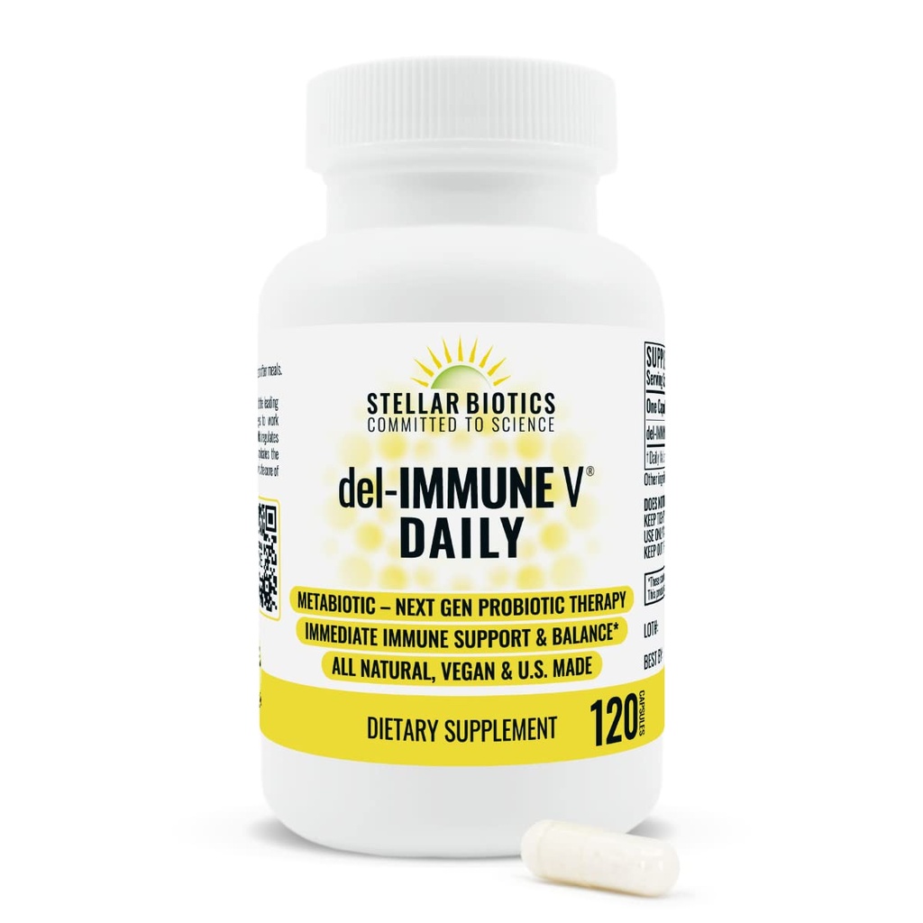 Del-Immune V® Daily by Stellar Biotics, All-Natural Immune Support & Gut Health, Inmmediat Care, Μεταβιοτική: NextGen Probiotic Therapy (120 Caps)