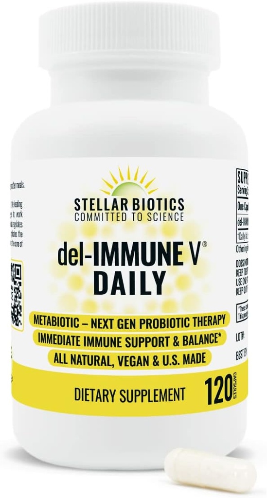 Del-Immune V® Daily by Stellar Biotics, All-Natural Immune Support & Gut Health, Inmmediat Care, Μεταβιοτική: NextGen Probiotic Therapy (120 Caps)