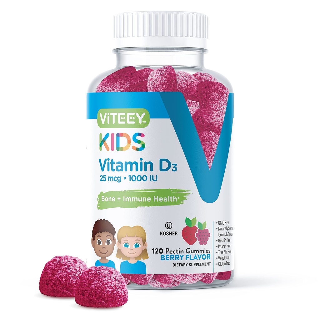 Viteey Vitamin D3 Kids Gummies 25mcg 1000 IU - Υγεία των οστών, Ανοσοποιητική Υγεία, Κοινή Μυική Υποστήριξη - Χορτοφαγική, Χωρίς ζελατίνη, Χωρίς γλουτένη, Χωρίς ΓΤΟ - Νόστιμο Μασώμενο Μπέρι Γεύση