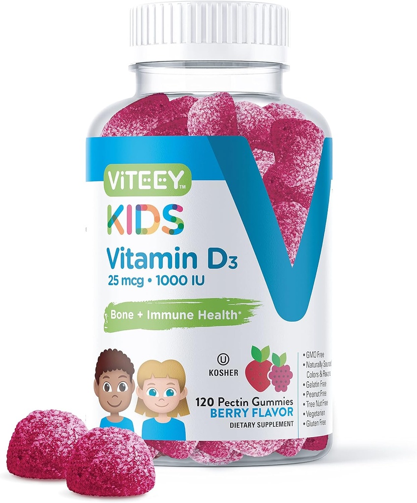 Viteey Vitamin D3 Kids Gummies 25mcg 1000 IU - Υγεία των οστών, Ανοσοποιητική Υγεία, Κοινή Μυική Υποστήριξη - Χορτοφαγική, Χωρίς ζελατίνη, Χωρίς γλουτένη, Χωρίς ΓΤΟ - Νόστιμο Μασώμενο Μπέρι Γεύση