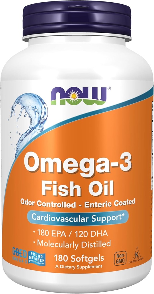 NOW Foods Supplements, Omega-3 180 EPA / 120 DHA, Enteric Coated, Cardiovascular Support*, 180 Softgels