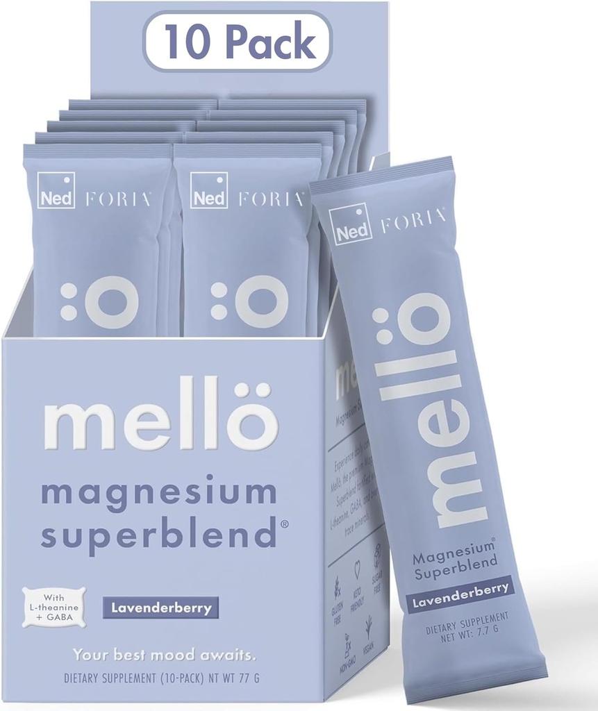 mellö Magnesium Supplement Superblend Powder - Magnesium Glycinate with L-Theanine, GABA, and Trace Minerals - Supports Sleep, Relaxation, and Balanced Energy - Lavenderberry Flavor, 10-Pack, Singles