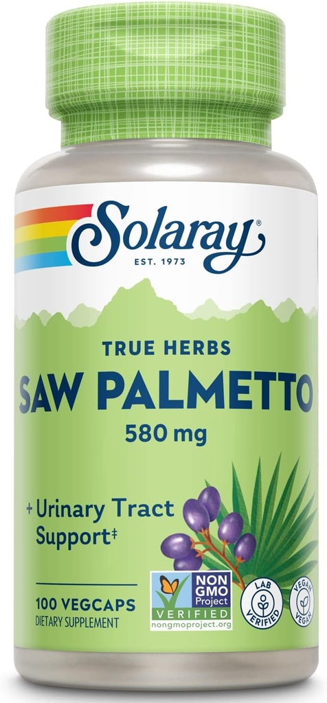 SOLARAY Saw Palmetto Berry 580 mg, Υγιής Προστάτης και Ουρολοίμωξη Υποστήριξη από Λιπαρά Οξέα & Φυτικές στερόλες για άνδρες και γυναίκες, Μη ΓΤΟ, Vegan & Lab Επαληθευμένο, 100 VegCaps, 100 Servings