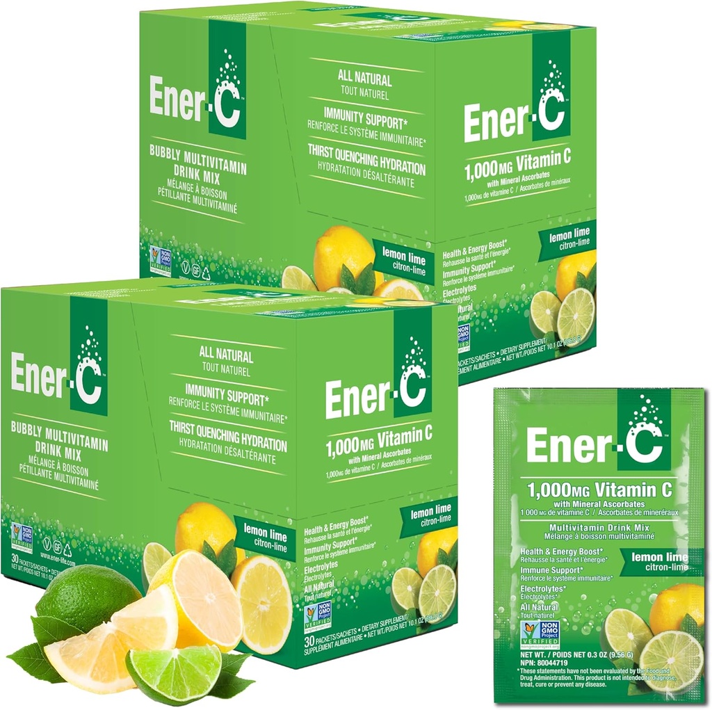 Ener-C Multivitamin Drink Mix - Βιταμίνη Πακέτα για το νερό, Ηλεκτρολυτές Powder Packets, Βιταμίνη Drink Mix, Ενυδάτωση Υγρού Mix, Ανοσοποιητικό Αναμνηστικό για Ενήλικες, Υγιεινή Ενέργεια - Λεμόνι Lime, 60 Count