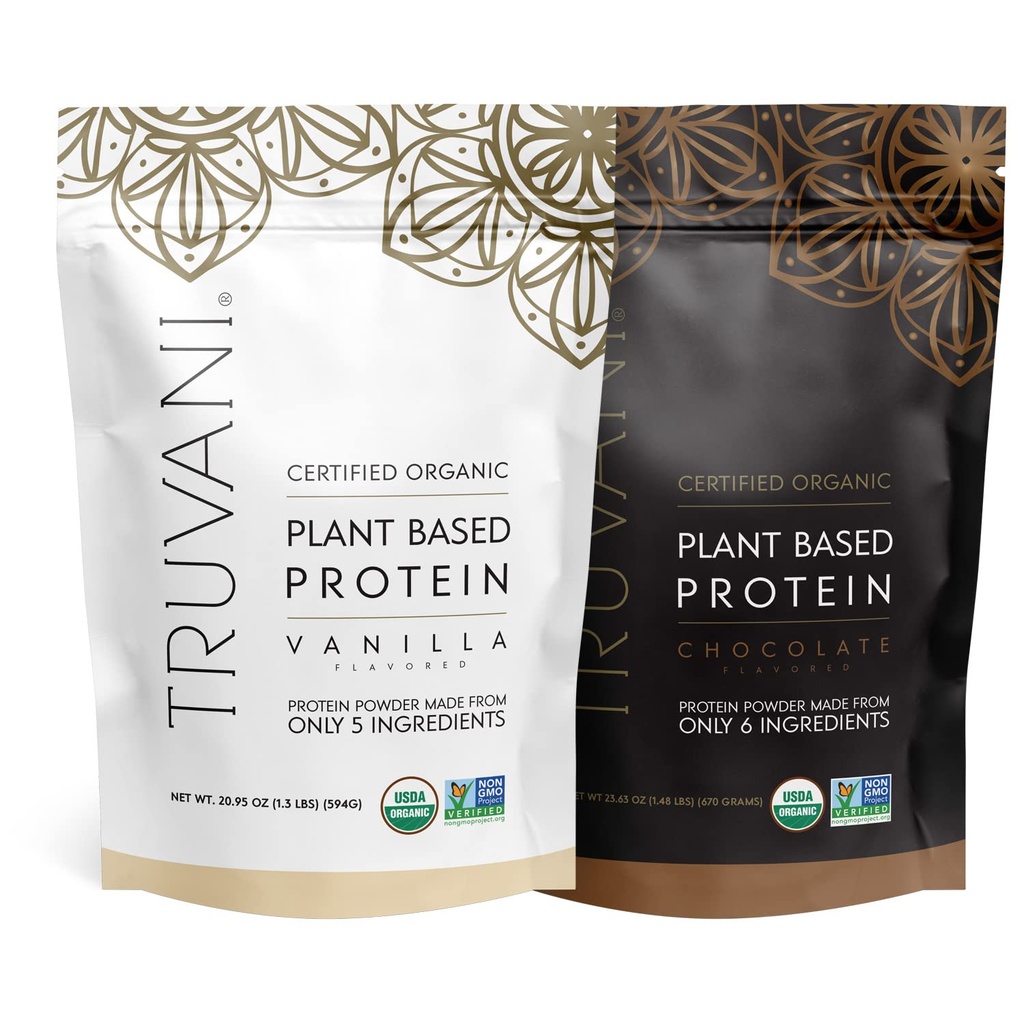 Σκόνη πρωτεΐνης με βάση το φυτό Truvani - USDA Certified Organic, Vegan, Non-GMO, Dairy Free, Soy Free, & Gluten Free - 2 συσκευασίες των 20 σερβιρίσματος κάθε (Chocolate & Vanilla)