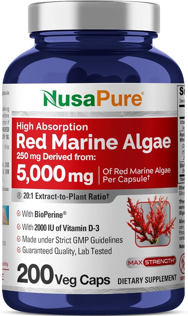 NusaPure Red Marine Algae 20:1 Extract, 250 mg Equivalent to 5,000 mg 200 Veggie Capsules (Non-GMO & Soy Free) Bioperine