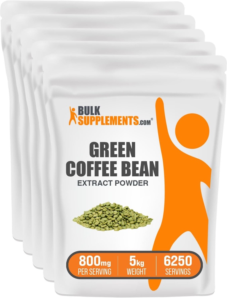 BulkSupplements.com Green Coffee Bean Extract Powder - Green Coffee Bean Supplements, Green Coffee Bean Powder - Energy Support, Gluten Free, 800mg per Serving, 5kg (11 lbs) (Pack of 5)