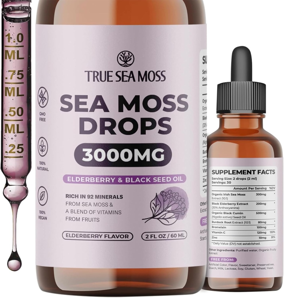 TrueSeaMoss Ιρλανδικές σταγόνες Μος της Θάλασσας - 5X ισχυρότερη από τη θάλασσα Moss Gel - 92+ Essentials Minerals - με Black Elderberry, Burdock Root & Black Cumin - 2 Fl Oz (60ml) - Γεύσεις Elderberry