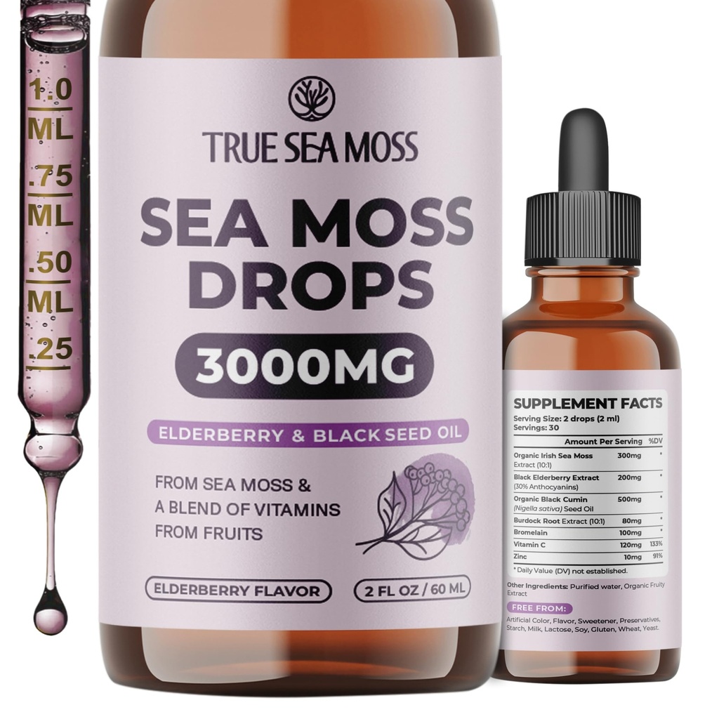 TrueSeaMoss Ιρλανδικές σταγόνες Μος της Θάλασσας - 5X ισχυρότερη από τη θάλασσα Moss Gel - 92+ Essentials Minerals - με Black Elderberry, Burdock Root & Black Cumin - 2 Fl Oz (60ml) - Γεύσεις Elderberry