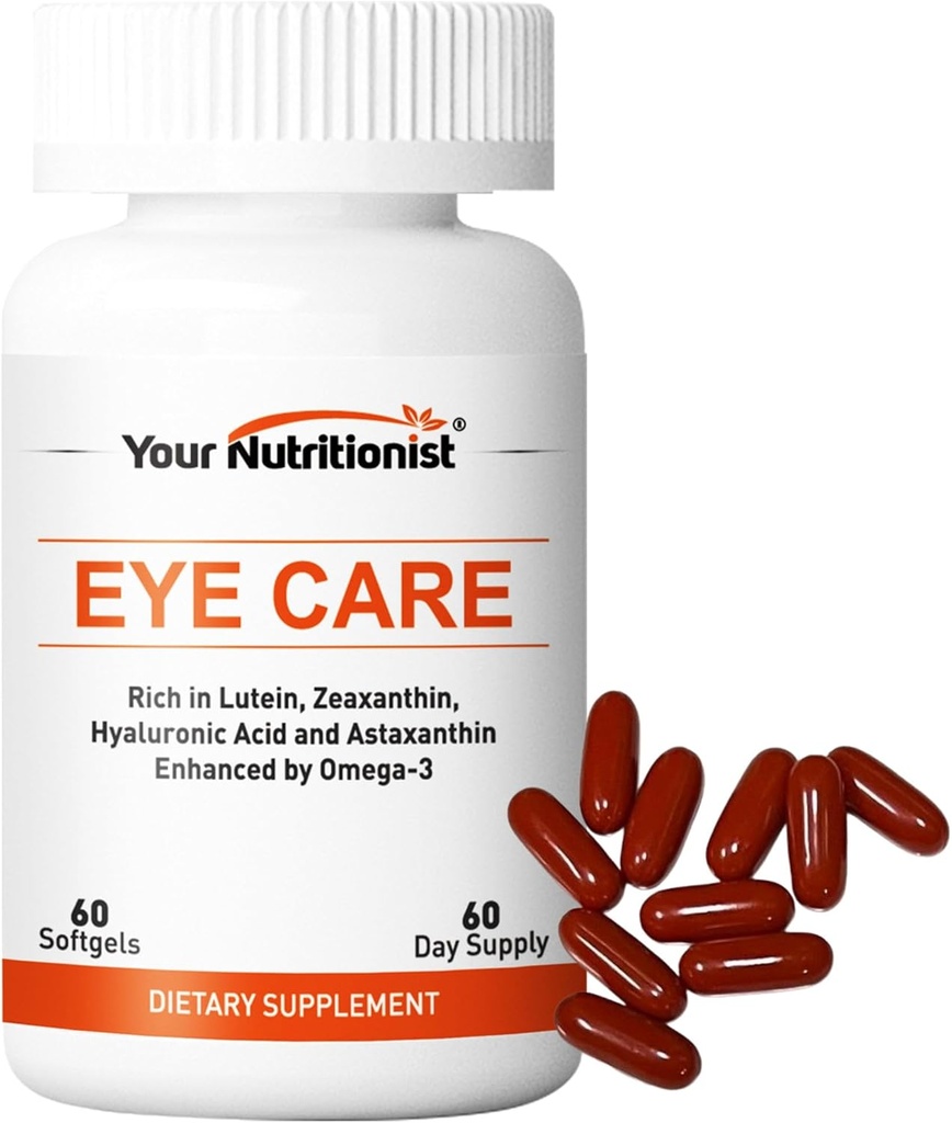 Eye Care Softgels, Lutein, Zeaxanthin, Astaxantin, Hyaluronic Acid, Omega 3 (EPA, DHA), Zinc, Copper, Vitamin C & E, 60 Counts - 60 Day Supply