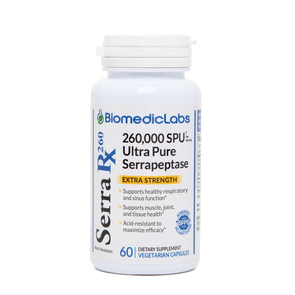 Serra-RX 260.000 SU Serrapeptase -Acid-resist Proteolytic Systemic Enzyme, Μη ΓΤΟ, Χωρίς γλουτένη, Vegan, Υποστηρίζει τον κόλπο, ανοσοποιητικό & πνεύμονα υγεία, 60 Veg κάψουλες