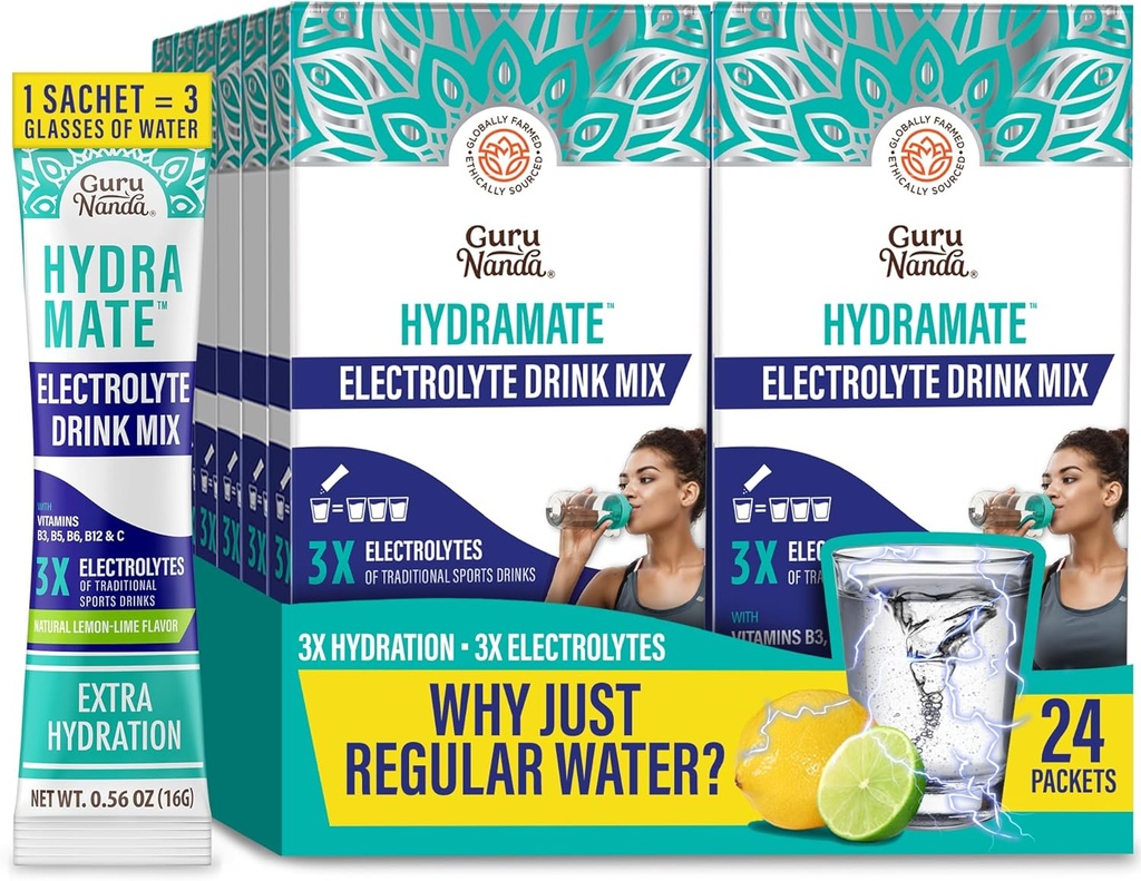 GuruNanda Hydramate Hydration Support Drink Mix - Ηλεκτρολυτικά Powder Packets για Αφυδάτωση, Άσκηση & Ενέργεια - Όχι Προστιθέμενα γλυκαντικά, Μη ΓΤΟ, Φυσικό άρωμα λεμόνι Lime - 24 Count (0.56 oz Κάθε)