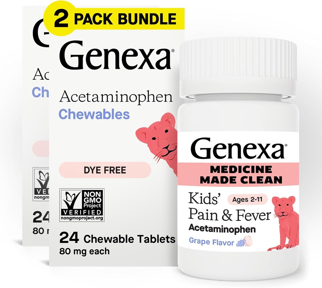 Genexa Kids’ Clean Pain & Fever Acetaminophen Chewables, Dye Free, 0% Artificial Additives, Delicious Grape Flavor, Chewable Medicine for Children 2-11, 80 mg per Tablet, 48ct (2 Pack)