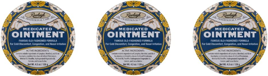 Rawleigh Medicalated Aintment: 4.5 oz Blue Tin, Topical Chest Rub for Cold, Nasal Congestion, Minor Aches and Pain, with Camphor, Menthol & Eucalyptus, Non-Grasy Formula - Pack of 3