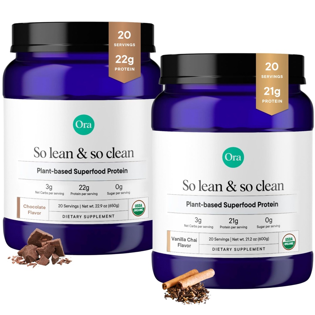 Ora Organic Vegan Protein Powder Vanilla Chai & Chocolate Bundle: 21g Plant Based Protein Powder, Vanilla Chai Flavor, 20 Servings + 22g Plant Based Protein, Chocolate Flavor, 20 Servings