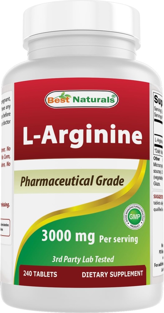Best Naturals L-αργινίνη 3000mg ανά Σερβίρισμα - 240 Tablets - Pharmaceutical Grade - Μη ΓΤΟ & Χωρίς Γλουτένη - Made in the USA