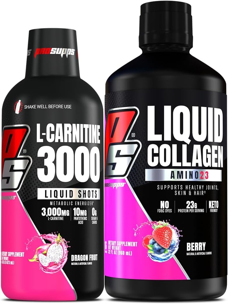 PROSUPPS L-Carnitine 3000 Stimulant Free Liquid Shots (Dragon Fruit) Amino23 Liquid Collagen Shots (Berry) Bundle