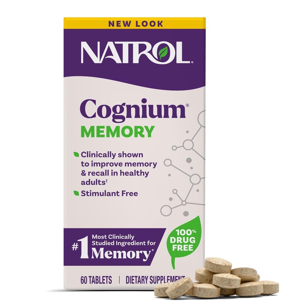 Natrol Cognium Μνήμη, Συμπληρώματα Εγκεφαλικής Υγείας για Ενήλικες, Συμπλήρωμα Διατροφής για Εγκεφαλική Υγεία και Κλινικά Εμφανίζονται για να βελτιώσουν τη μνήμη και να υπενθυμίσουν σε Υγιείς Ενήλικες, 60 δισκία, Μέχρι 30 ημέρες προσφοράς