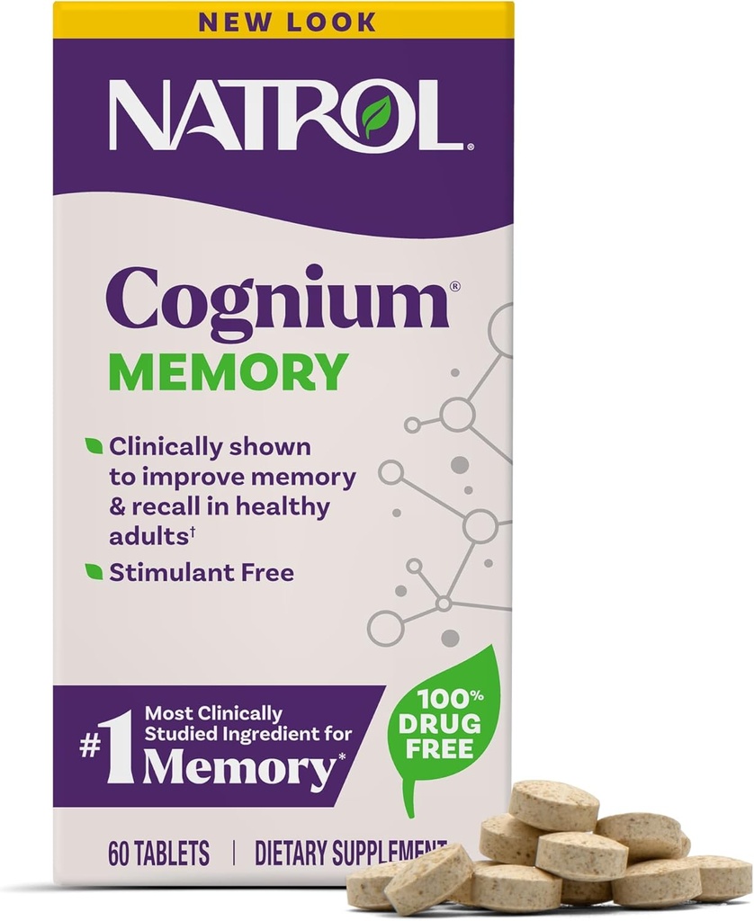 Natrol Cognium Μνήμη, Συμπληρώματα Εγκεφαλικής Υγείας για Ενήλικες, Συμπλήρωμα Διατροφής για Εγκεφαλική Υγεία και Κλινικά Εμφανίζονται για να βελτιώσουν τη μνήμη και να υπενθυμίσουν σε Υγιείς Ενήλικες, 60 δισκία, Μέχρι 30 ημέρες προσφοράς