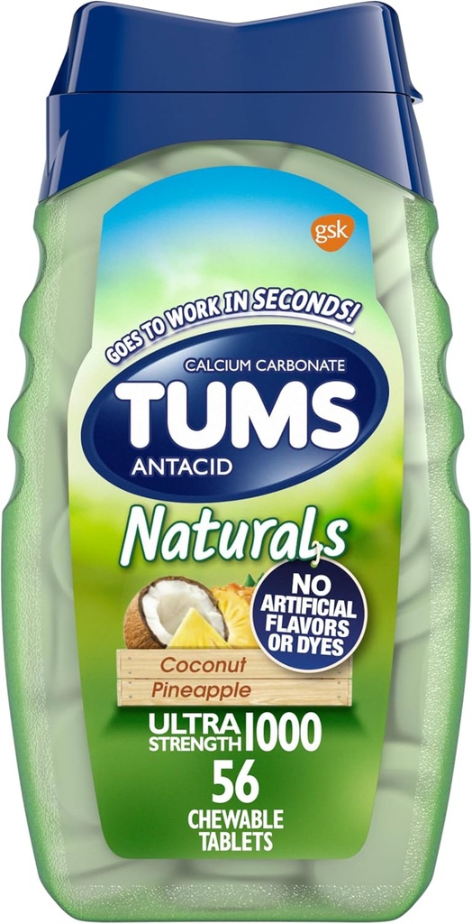 TUMS Naturals Μασώμενα αντιόξινα μάσημα για την ανακούφιση από εγκαύματα, Ανανάς καρύδας - 56 κόμης