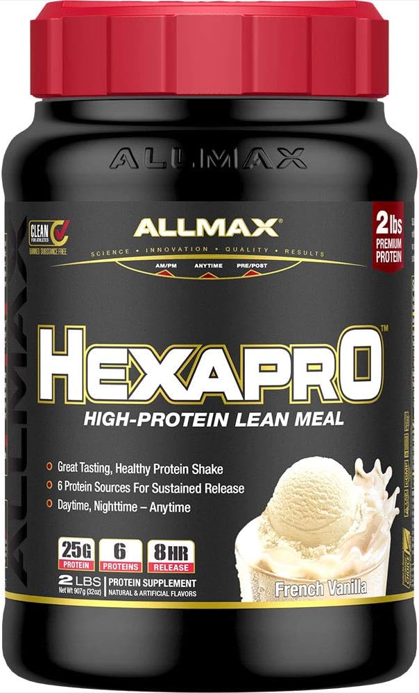 ALLMAX HEXAPRO, Γαλλική Βανίλια - 2 λίβρες - 25 γραμμάρια πρωτεΐνης ανά υπηρεσία - 8 ώρες Παρατεταμένη απελευθέρωση - Zero Sugar - 21 υπηρεσίες