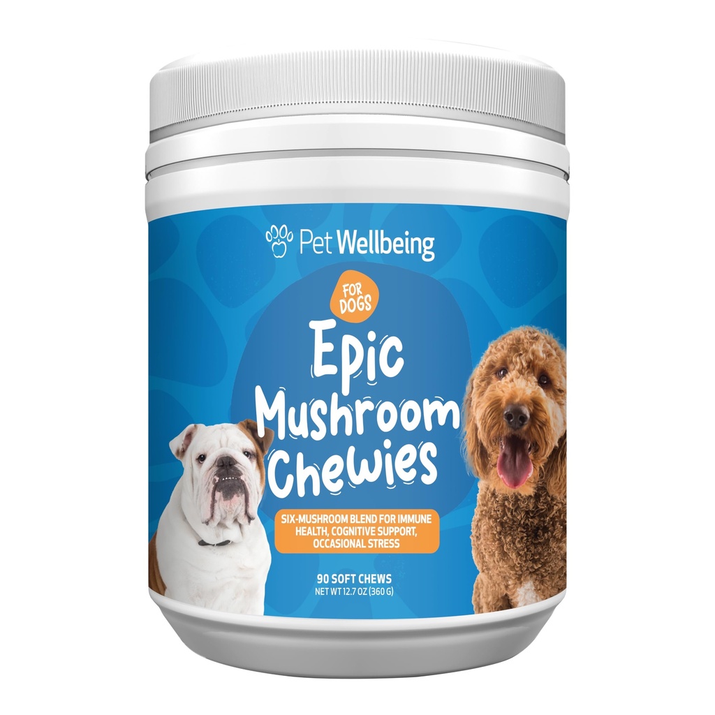 Pet Wellbeing Epic Mushroom Chewies for Dogs - Ανοσοποιητική υποστήριξη, Γνωστική υγεία, Adaptogenic υποστήριξη στρες με Reishi, Chaga, Mane Manage Λειτουργικά Μανιτάρια Λιονταριού - Veterinian-Formulated 90 Μαλακά μάσημα