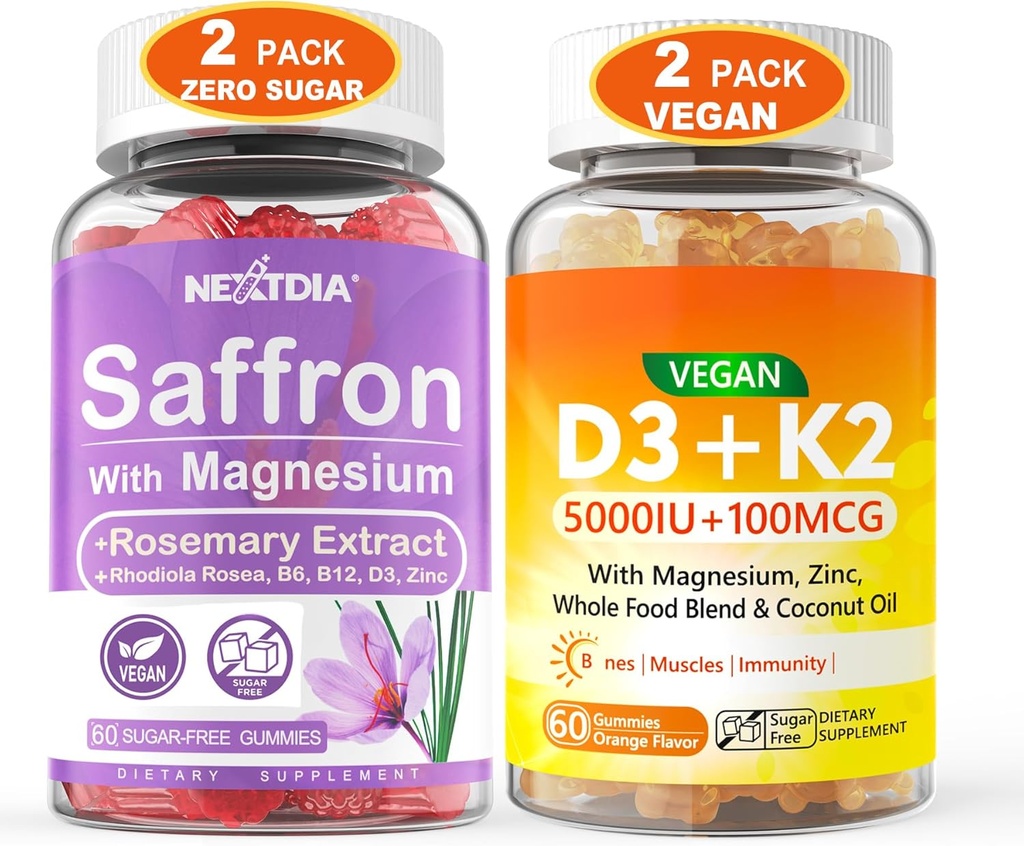 2Pack Saffron Supplements Gummies + 2Pack Vegan Vitamin D3 5000IU K2 Gummies, Whole Food Blend, Coconut Oil, Magnesium