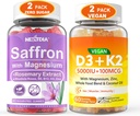 2Pack Saffron Συμπληρώματα Gummies + 2Pack Vegan Βιταμίνη D3 5000IU K2 Gummies, Ολόκληρη ανάμειξη τροφίμων, Λάδι καρύδας, Μαγνήσιο