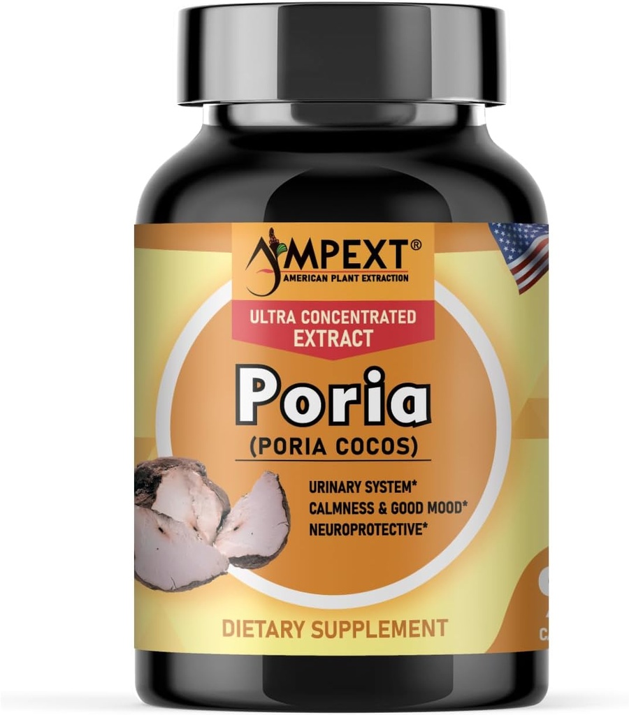Poria Cocos Mushroom Extract - Premium Quality, Only Fruiting Bodies Extract, Antioxidant, Kidney Support, Calmness & Good Mood, Cardiovascular Boost, 90 Veg Caps.