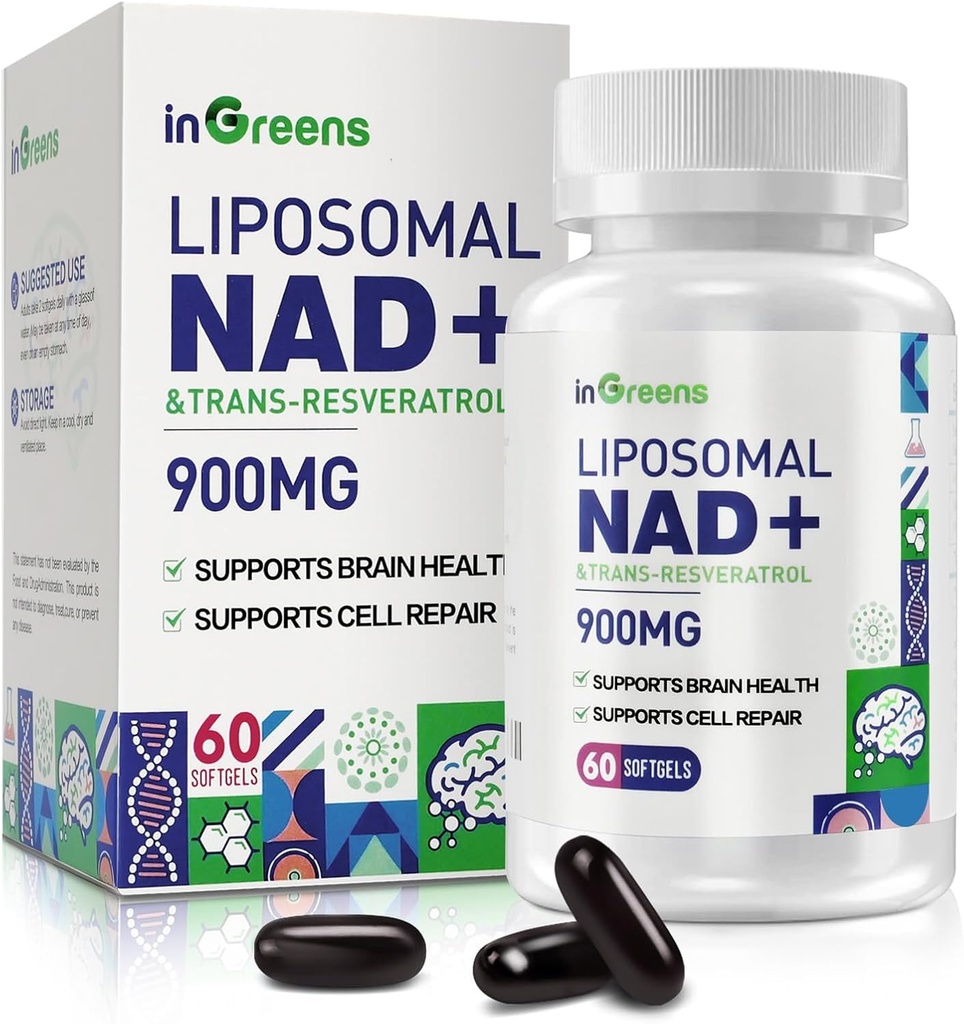 900 mg Liposomal NAD+ Supplement with Trans Resveratrol 300 mg, Replaces NMN, Superior Absorption, True NAD Plus Supplement for DNA Repair and Boost NAD+, Aging Defense, Energy, Longevity, 60 Softgels
