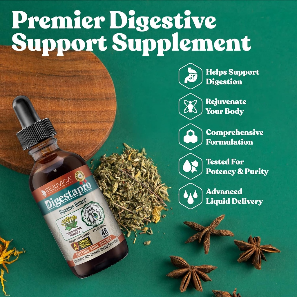 Rejuvica Health DigestaPro - Advanced Digestive Bitters Supplement - Liquid Delivery for Better Abvorvice - Gentian, Artichoke, Burdock, Chanca Piedra, Ginger & More! ...
