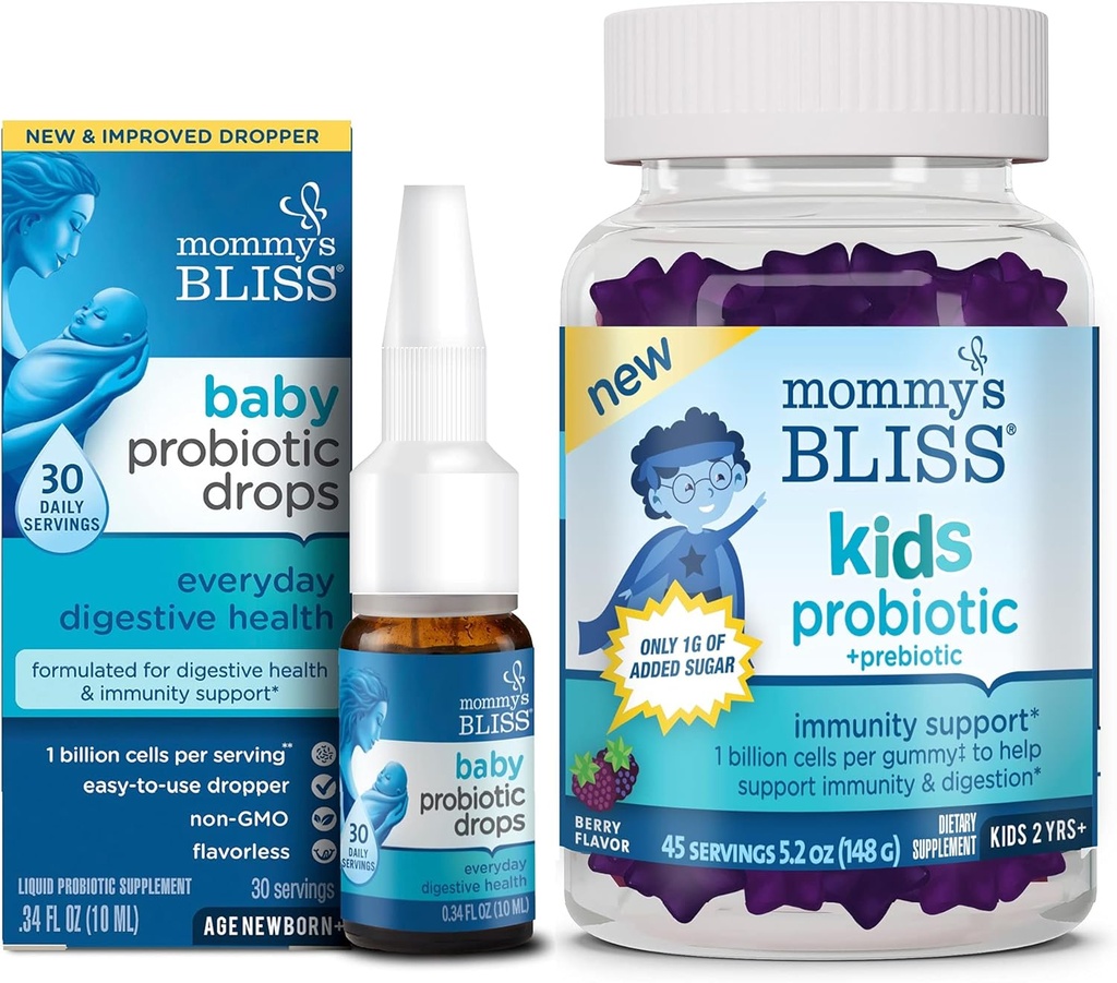 Mommy's Bliss Baby Probiotic Drops Everyday 30 Servings (Pack of 1) with Kids Probiotic + Prebiotic Gummies 45 Servings (Pack of 1), Immunity Support for All Ages: Newborns to Kids and Adults