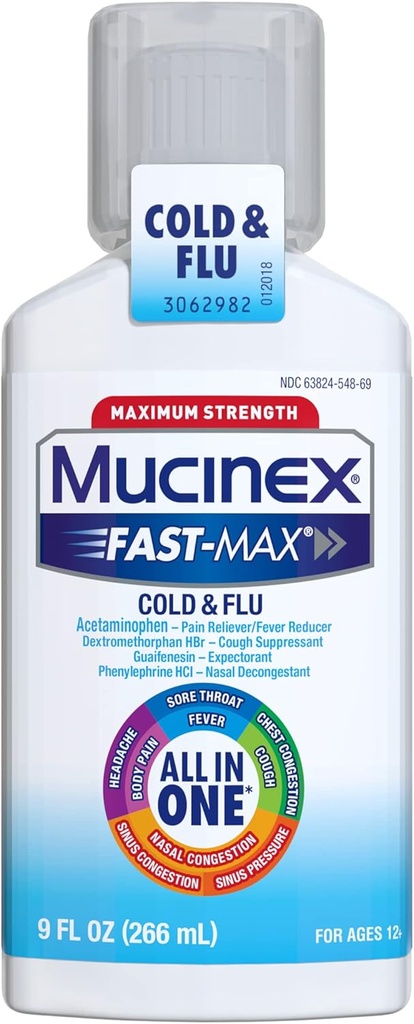 Mucinex Fast-Max μέγιστη δύναμη Όλα-σε-ένα κρύο & γρίπη, φιάλη 9 oz, για χρήση σε πονοκεφάλους, πόνο του σώματος, πονόλαιμος λαρύγγια, Fevers, συμπύκνωση στήθος, βήχας, Nasινικό / Sinus συμφόρηση, και πίεση του κόλπου