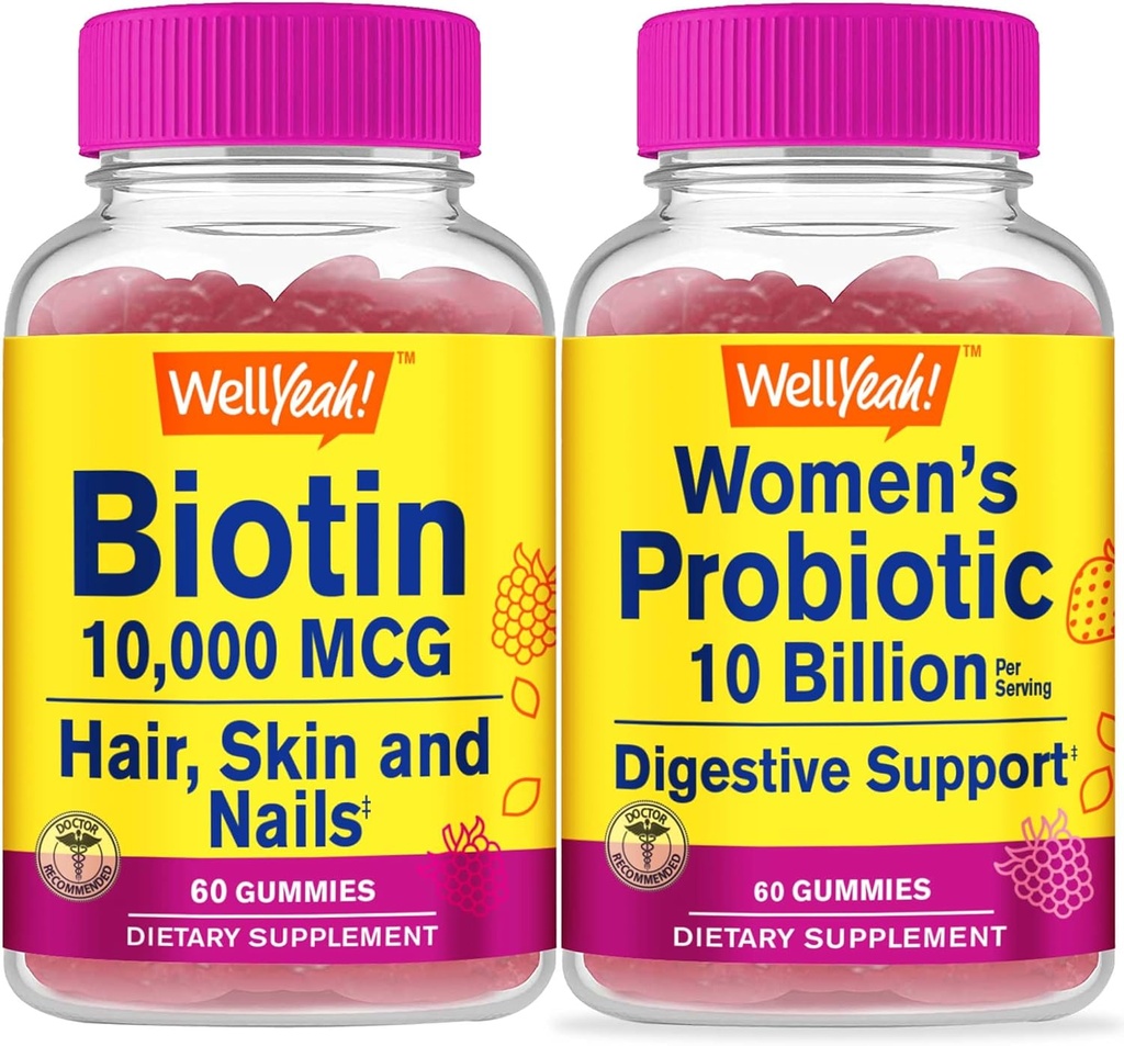 WellYes High Potency Biotin + Probiotics Women 10B CFU, Gummies Bundle - Μεγάλη γεύση, συμπλήρωμα βιταμίνης, χωρίς γλουτένη, GMO δωρεάν, Μασώμενο Gummy