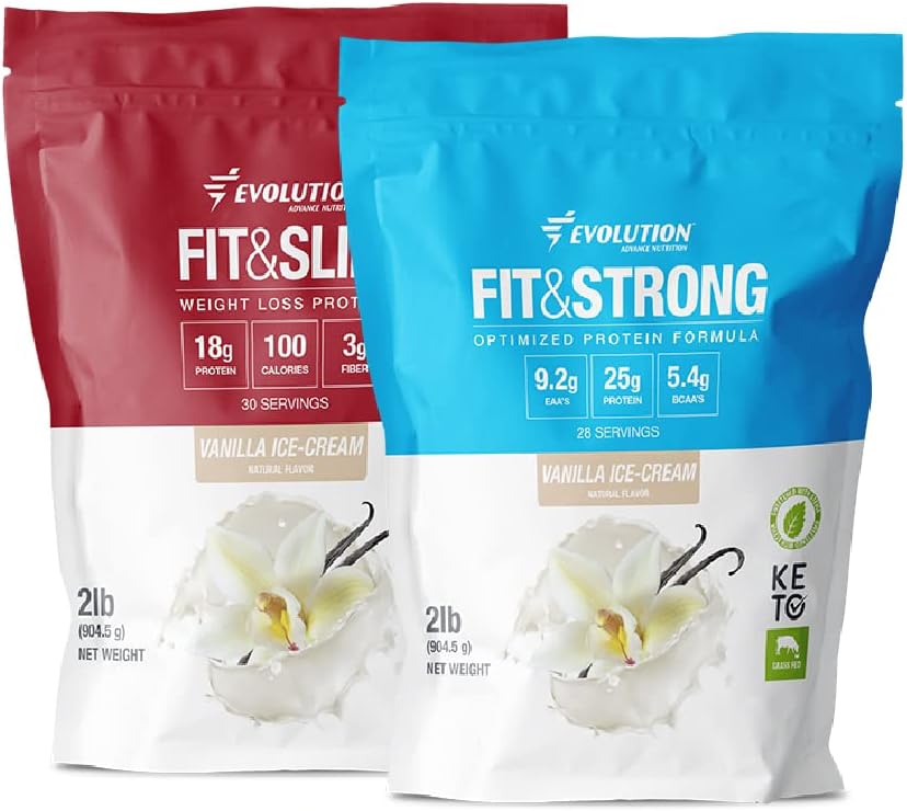 Evolution Advance Nutrition Grass Fed 100% Whey Protein Powder + Fit & Slim with Glucomannan, Inulin Fiber – Υψηλής Ίνας, Υψηλής πρωτεΐνης, Καθαρή, Keto Εγκεκριμένη, Μη ΓΤΟ, Stevia Sweeted – 2 Pack