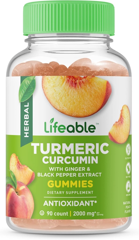 Lifeable Turmeric Curcumin with Ginger & Black Pepper Extract – 2000mg – Great Tasting Natural Flavor Gummy –Vegetarian GMO-Free Supplement – 90 Gummies