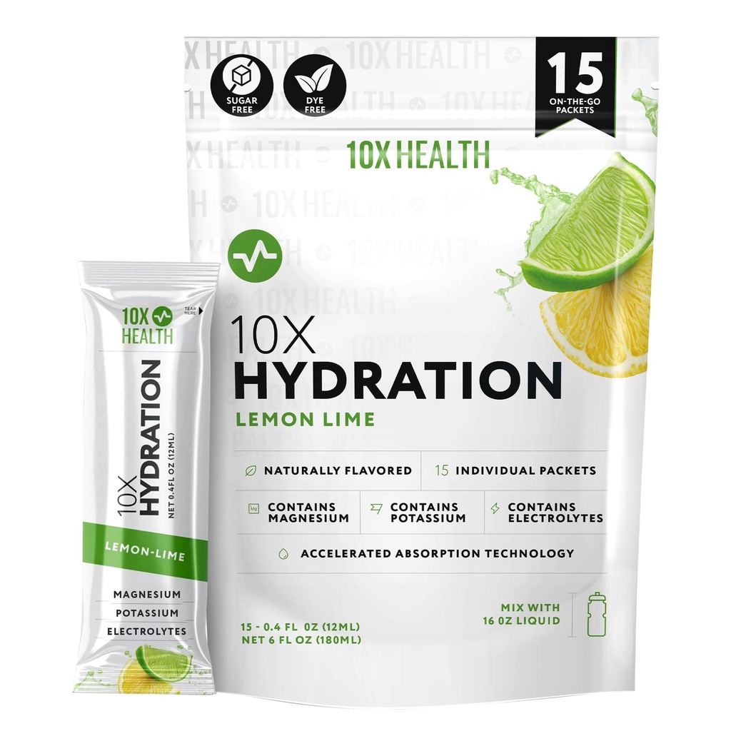 10X Health Hydration Packets Λεμόνι Lime Electrolyte Drink Mix Υγρό 15 Stickpacks με Κιτρικό μαγνήσιο, Νάτριο & Κάλιο - Φυσικό αρωματικό ηλεκτρολυτικό