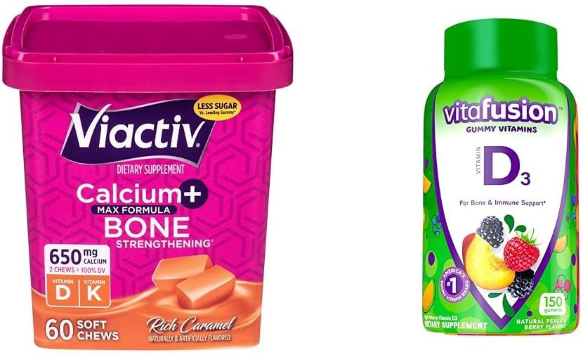 Viactiv Calcium +Vitamin D3 Supplement Soft Chews, Caramel, 60 Chews - Calcium Dietary Supplement & Vitafusion Vitamin D3 Gummy Vitamins for Bone and Immune System Support, Peach, Blackberry