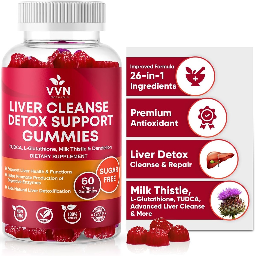VVNaturates Χωρίς ζάχαρη 26-σε-1 Liver Cleanse Detox & Επισκευή Λιπαρά gummies Liver Formula 3000mg Blend Glutathione, Silymarin Milk Thistle, Choline, TudCA 