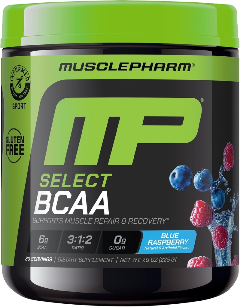 MusclePharm Essentials BCAA Powder, Pre & Post Workout Recovery Drink, Supports Muscle Recovery & Energy Production, Essential Amino Acids Supplement, 30 Servings, Blue Raspberry Flavor