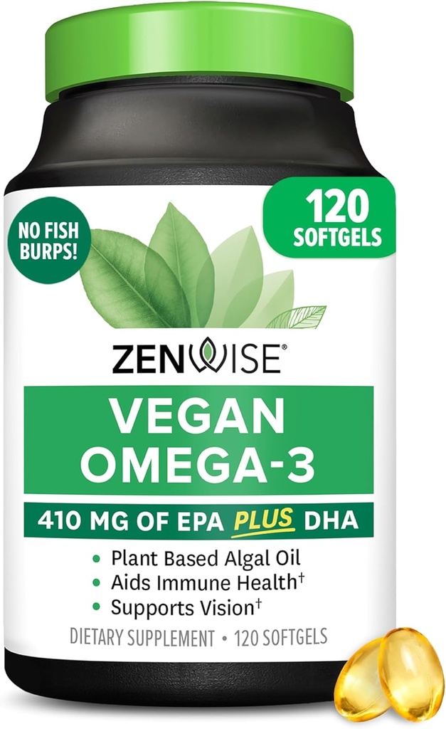 Zenwise Health Vegan Omega 3 συμπλήρωμα - Burpless Omega 3 συμπλήρωμα με DHA, EPA & DPA λιπαρά οξέα για την ανοσοποιητική υγεία - Fish Oil Εναλλακτική από Βιώσιμα πηγασμένα έλαια θαλάσσιας άλγης - 120 Softgels