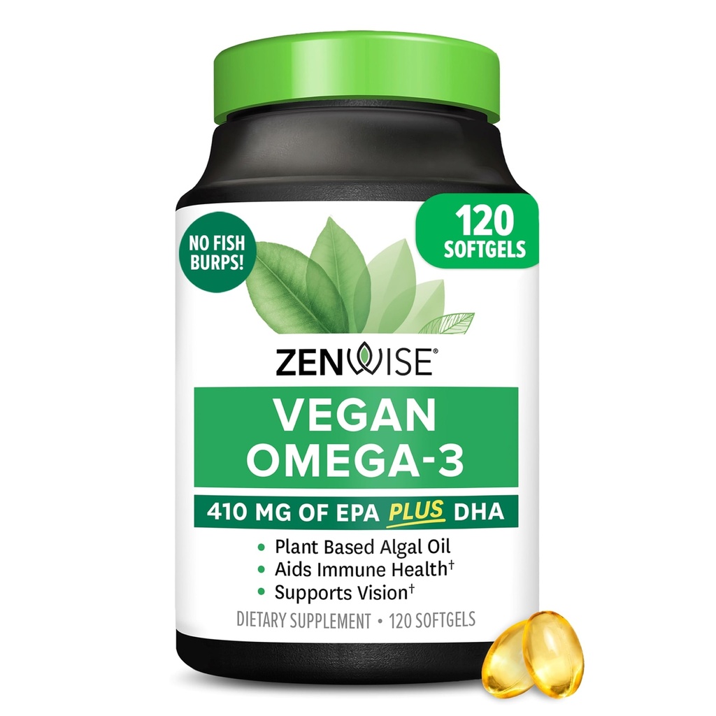 Zenwise Health Vegan Omega 3 συμπλήρωμα - Burpless Omega 3 συμπλήρωμα με DHA, EPA & DPA λιπαρά οξέα για την ανοσοποιητική υγεία - Fish Oil Εναλλακτική από Βιώσιμα πηγασμένα έλαια θαλάσσιας άλγης - 120 Softgels