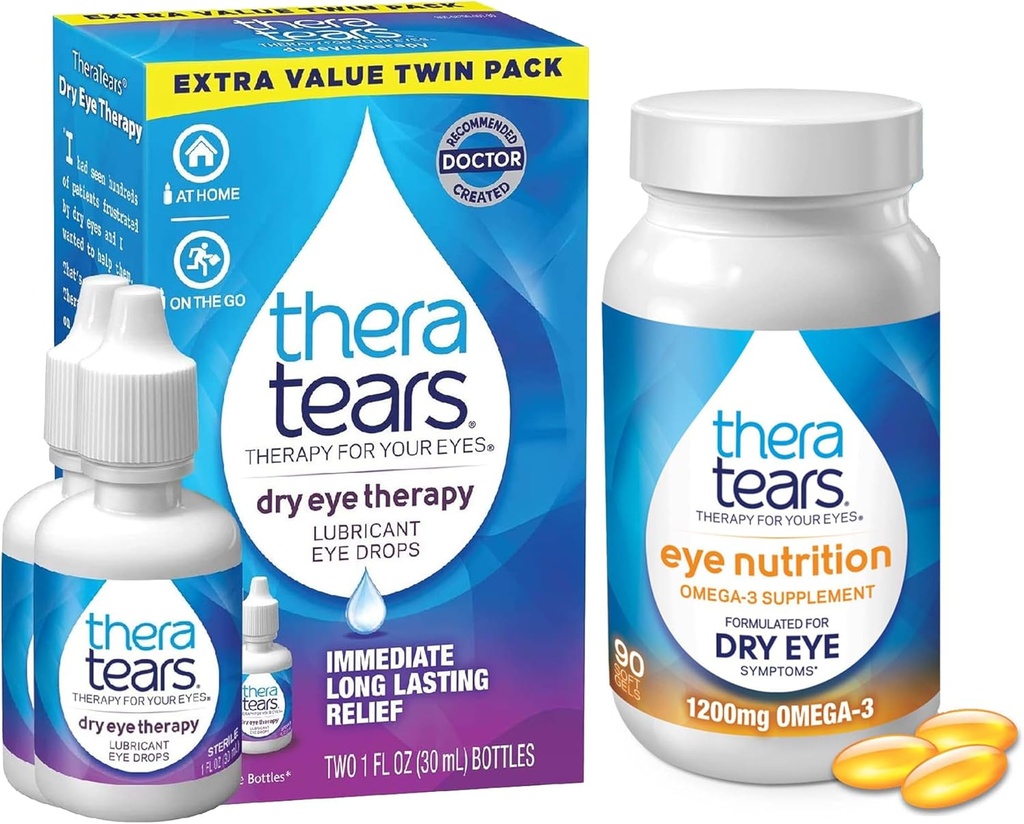 TheraTears 1200mg Omega 3 Supplement for Eye Nutrition, and VIT E, 90 Count Eye Drops for Dry Eyes, Twin Pack, 30mL 1 Fl oz Each (Packaging May Vary)