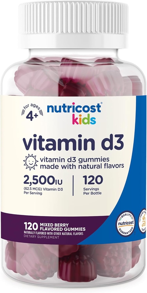 Nutricost Kids Βιταμίνη D3 Gummies 2.500 IU (62,5mcg), 120 Gummies - Μεικτό άρωμα μούρου