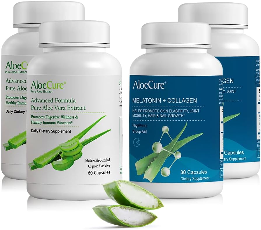 Συσκευασία καψακίων AloeCure Organic Aloe Vera - 4 κομμάτια - 2 x μελατονίνη + κολλαγόνο, 2 x κάψουλες Aloe Vera