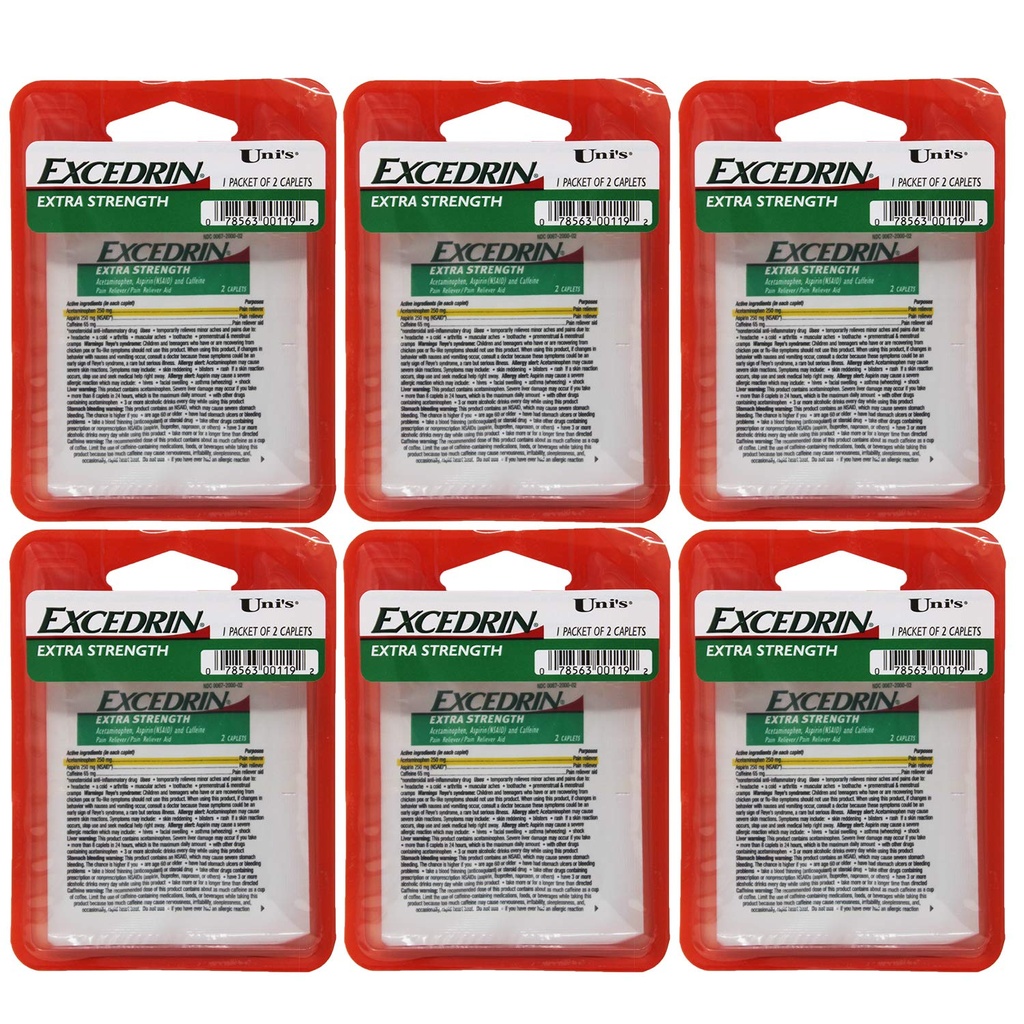 Excedrin της Uni's Extra Strength 6 Count Single Dose Relief 2 caplets σε κάθε πακέτο. Βοηθά στην ανακούφιση του Πονοκέφαλου, του Οδοντόκοποιου, του Πονοκεφάλου, του Εμμηνορρυϊκού Καταιγισμού, του Κοινού Κρύου και των Μυϊκών Παχέων.